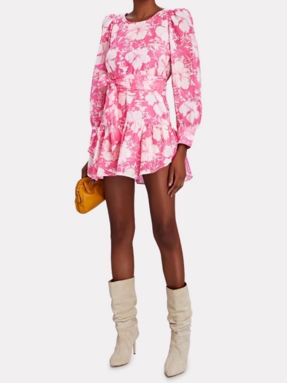 LoveShackFancy Teyana Pink Floral Puff-Sleeve Mini Dress